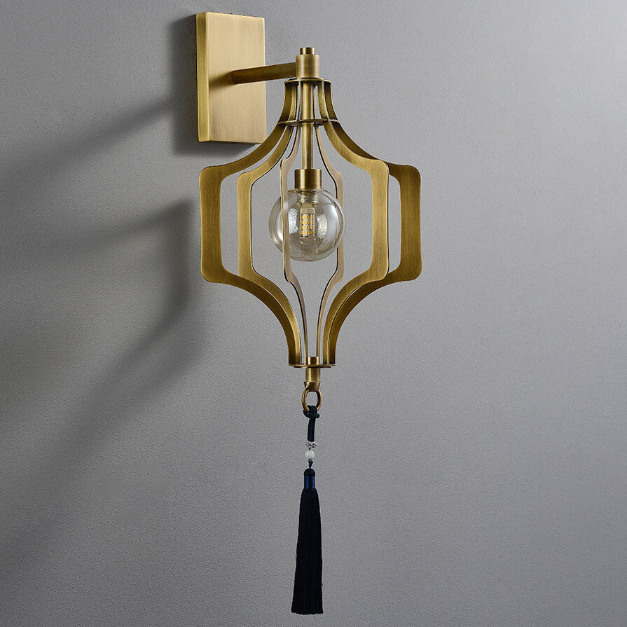 Modern Chinese Copper Hollow Cage Glass 1-Light Wall Sconce Lamp