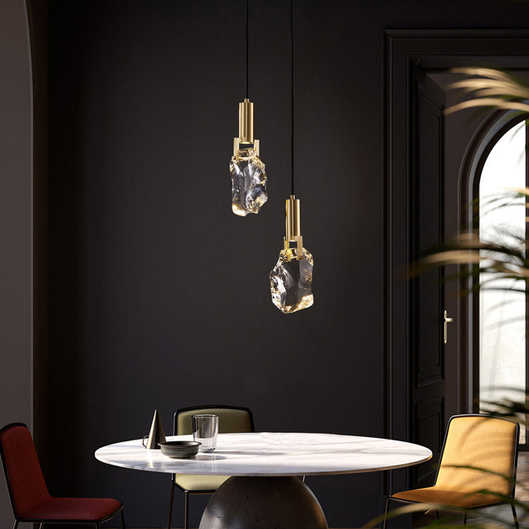 Modern Luxury Copper Irregular Crystal Stone LED Pendant Light For Living Room