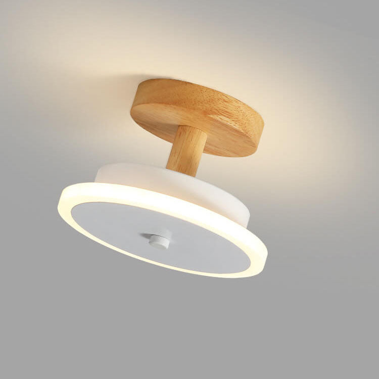 Nordic Flat Round Wood Base LED Semi-Flush Mount Ceiling Light