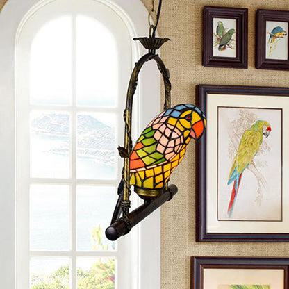 Tiffany Vintage Parrot Hardware Stained Glass 1/3 Light Chandelier