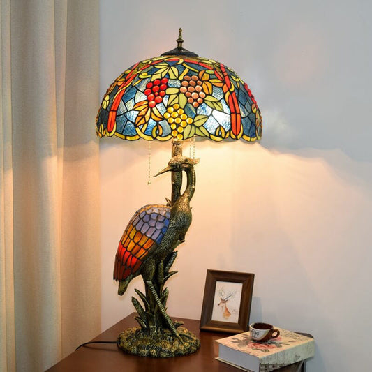 Tiffany Vintage Crane Base Colored Grape Glass Lampshade Design 3-Light Table Lamp
