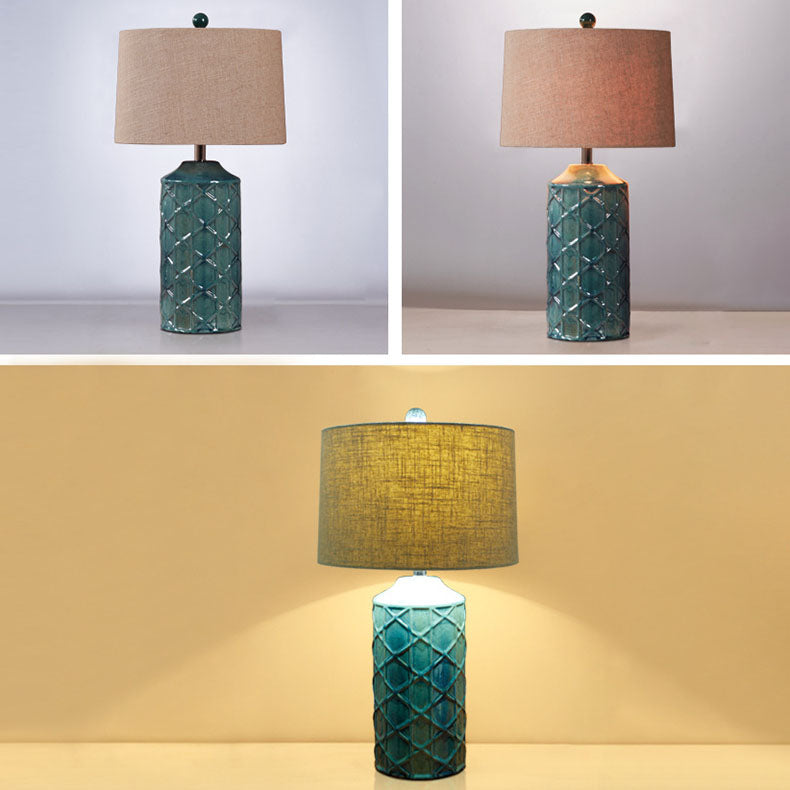 Traditional Vintage Cylinder Stripe Base Ceramic Fabric 1-Light Table Lamp For Bedroom