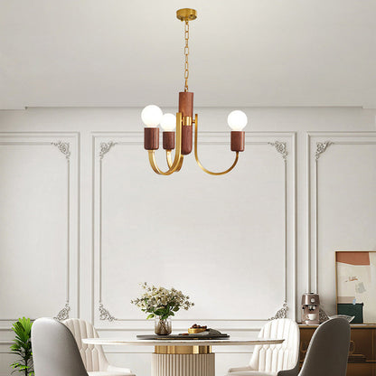 Contemporary Vintage Curved Rod Cylinder Candlestick Shape Copper Wood 3/4/5 Light Chandelier For Living Room