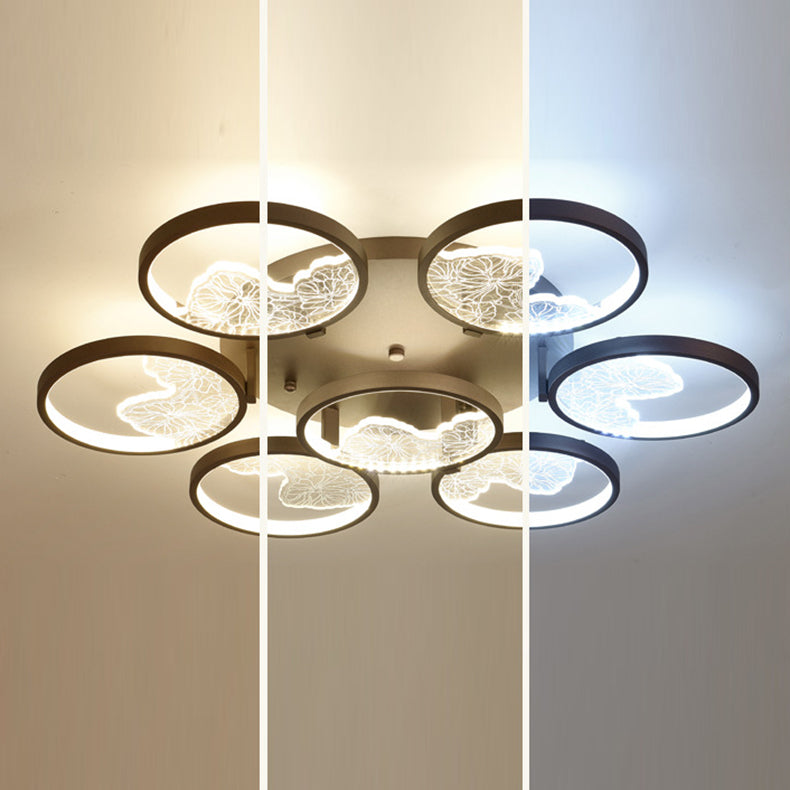 Traditional Chinese Zen Iron Round Frame Acrylic Flower Pattern LED Semi-Flush Mount Ceiling Light For Living Room