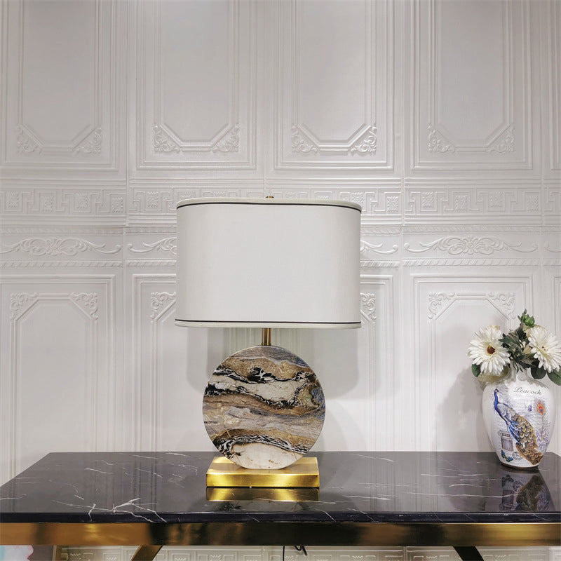 Traditional Chinese Round Rectangular Marble Fabric Metal Base 1-Light Table Lamp For Living Room
