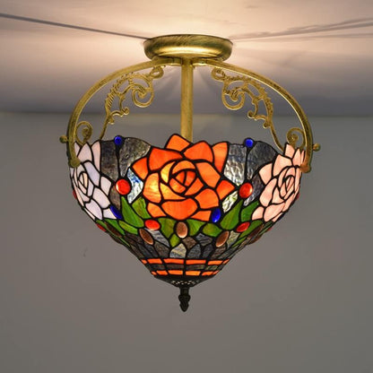 Tiffany European Stained Glass Rose Design 2-Light Semi-Flush Mount Light