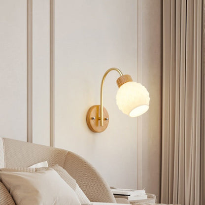 Contemporary Creative Bell Orchid Flower Pleated Glass Shade Wood 1-Light Wall Sconce Lamp For Living Room