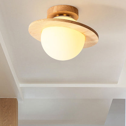 Japanese Minimalist Round Ball Wooden Glass 1-Light Semi-Flush Mount Light