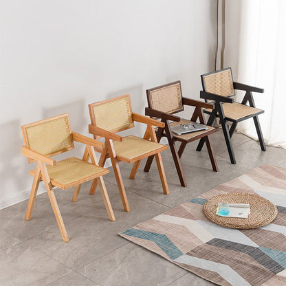 Modern Minimalist Square Solid Wood Rattan Dining Chair Four Legs Backrest Armrest For Dining Room