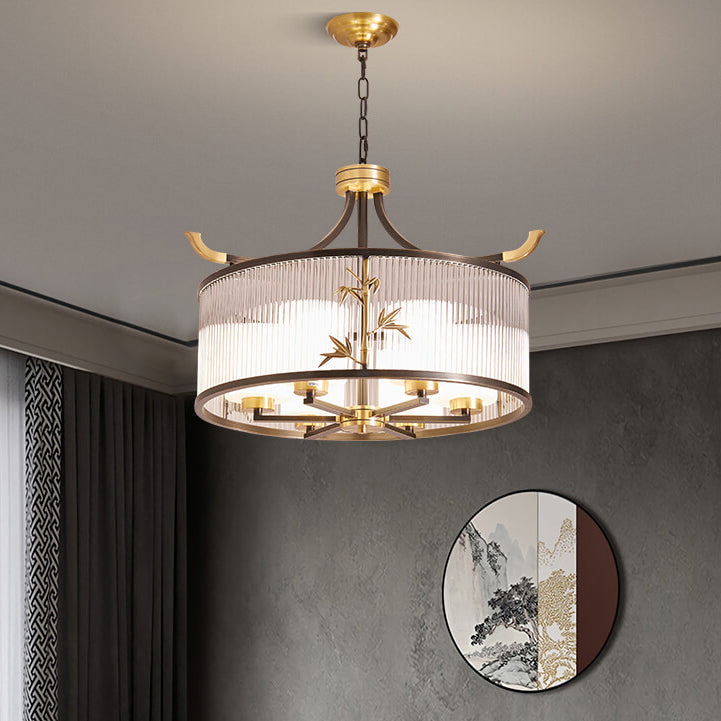 Traditional Chinese Copper Frame Ribbed Glass Cylinder Shade 4/6/8-Light Chandelier For Living Room