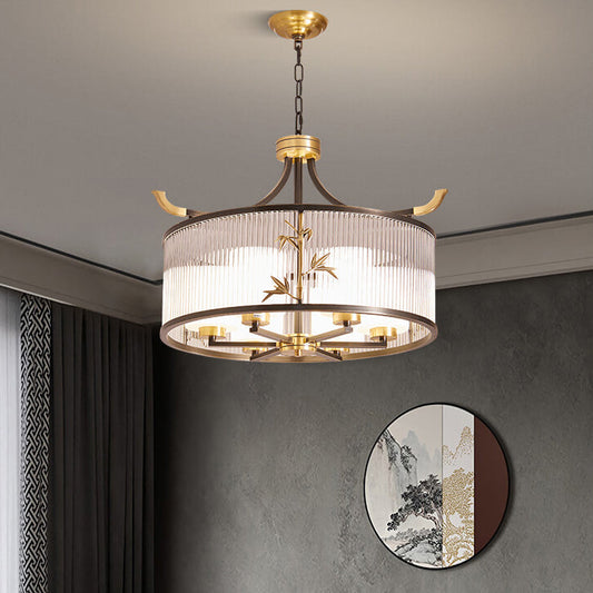 Traditional Chinese Copper Frame Ribbed Glass Cylinder Shade 4/6/8-Light Chandelier For Living Room