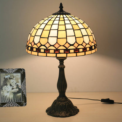 European Tiffany Yellow Plaid Stained Glass Dome 1-Light Table Lamp