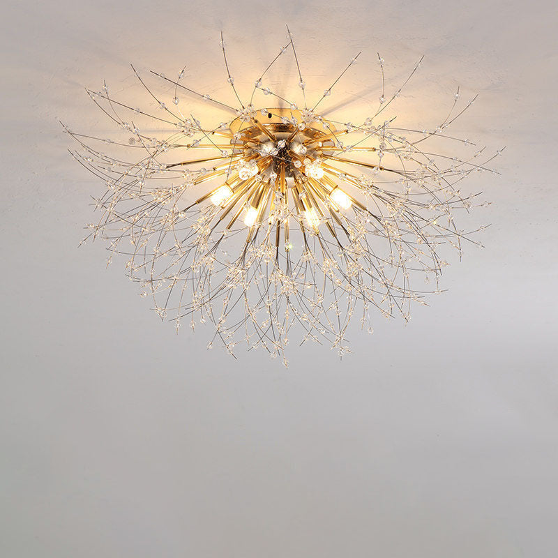 Modern Art Deco Crystal Beads Dandelion Aluminum Strip Shape 4/5/6/8-Light Semi-Flush Mount Ceiling Light For Living Room