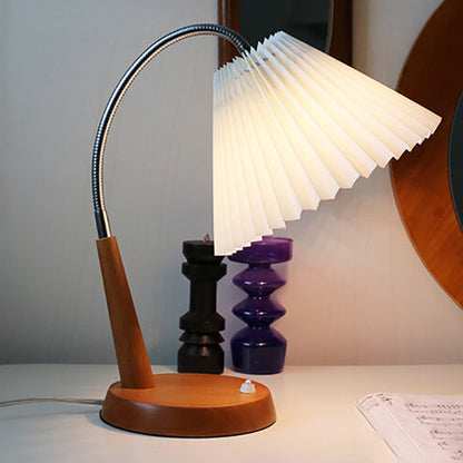 French Vintage Pleated Solid Wood Base Curved Arm 1-Light Table Lamp
