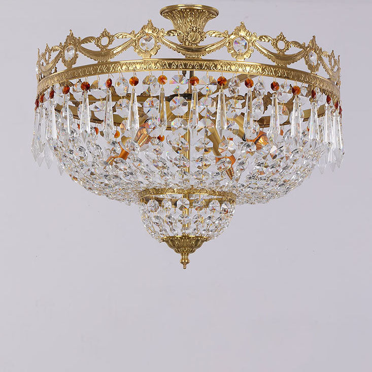 European Light Luxury Round All Brass Glass 4/5-Light Flush Mount Lighting