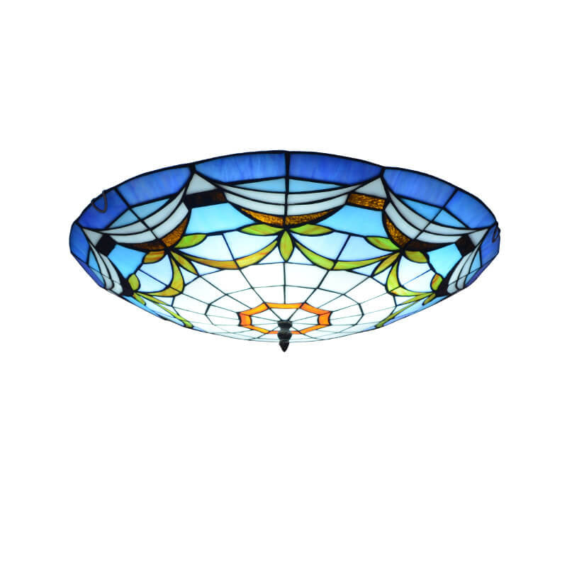 European Stained Glass Tiffany Round Various Pattern Designs 2/3 Light Flush Mount Light