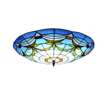 European Stained Glass Tiffany Round Various Pattern Designs 2/3 Light Flush Mount Light