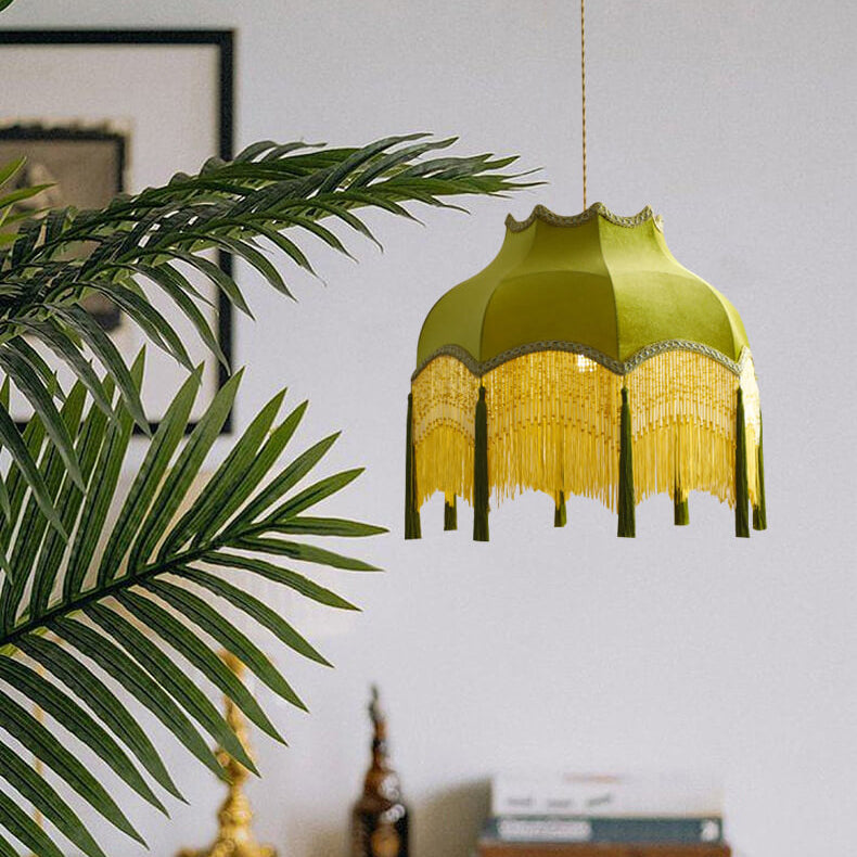 French Vintage Fabric Tassel Lampshade Brass 1-Light Pendant Light