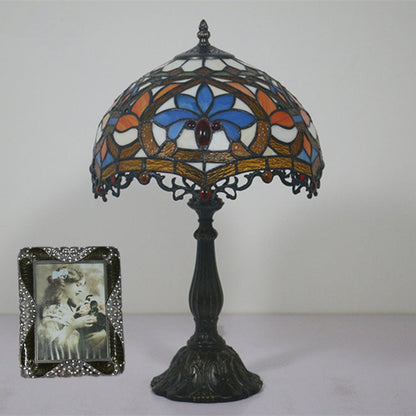 Traditional Tiffany Resin Zinc Alloy Glass Dome Bead 1-Light Table Lamp For Bedside