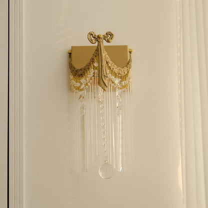 Vintage French Brass Crystal Square Bow Tie Design 1-Light Wall Sconce Lamp