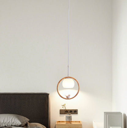 Contemporary Scandinavian Round Bird Wood Glass 1-Light Pendant Light For Living Room