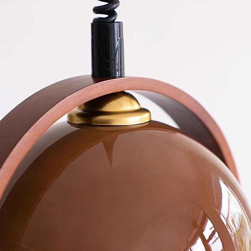 Traditional Japanese Telescopic Wood Amber Round Glass 1-Light Pendant Light For Dining Room