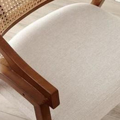 Traditional Vintage Square Upholstered Solid Wood Rattan Linen Dining Chair Backrest Armrest For Dining Room