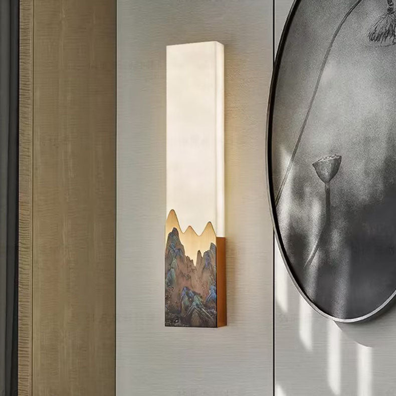 Traditional Chinese Marble All-Copper Rectangular LED Wall Sconce Lamp For Bedroom