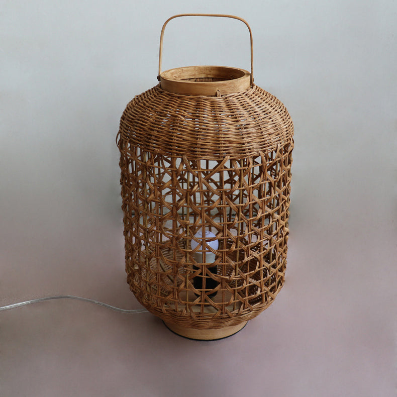 Traditional Vintage Cylinder Lantern Bamboo Rattan 1-Light Table Lamp For Living Room