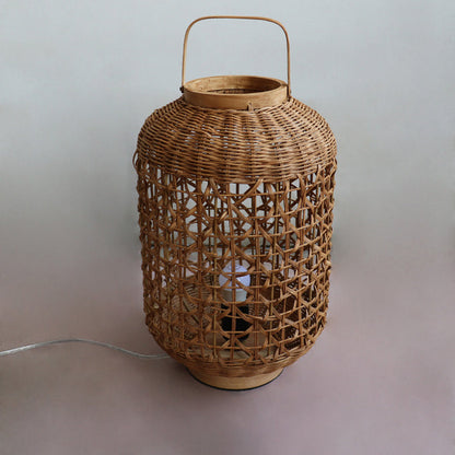 Traditional Vintage Cylinder Lantern Bamboo Rattan 1-Light Table Lamp For Living Room