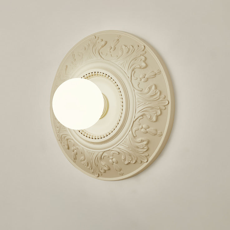 Traditional French Round Relief Resin Glass 1-Light Wall Sconce Lamp For Hallway
