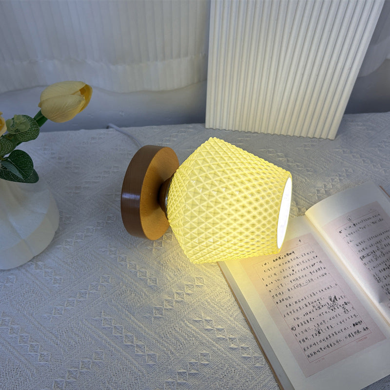 Contemporary Creative Wood Glass Tapered Ribbed Pattern 1-Light Table Lamp For Bedside