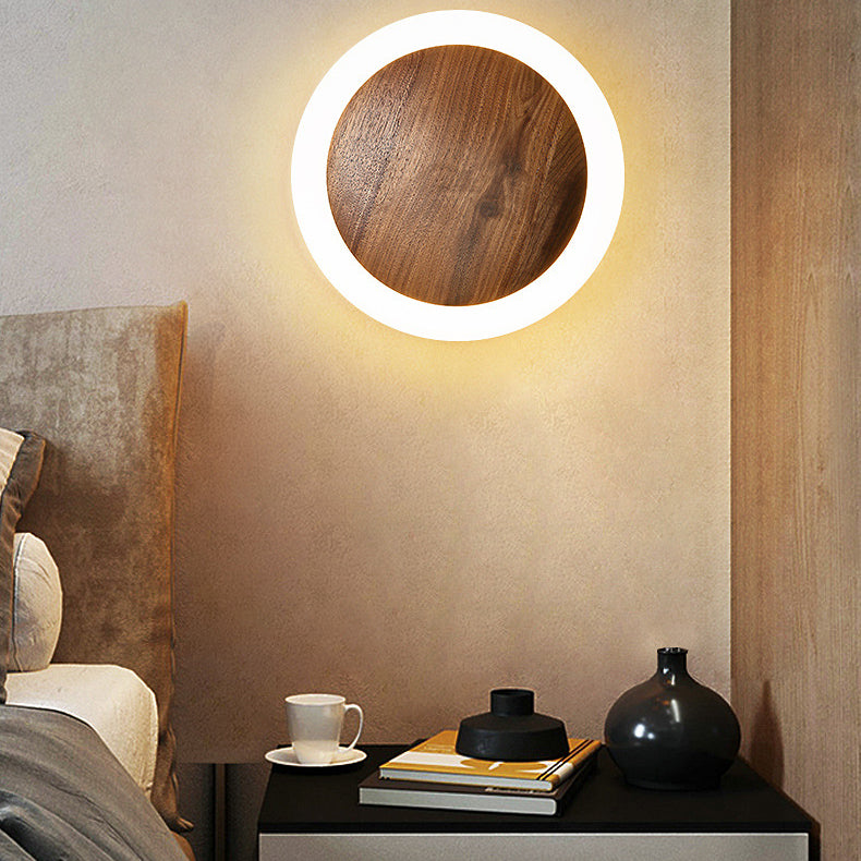 Traditional Japanese Black Walnut Round Shade LED Wall Sconce Lamp For Living Room