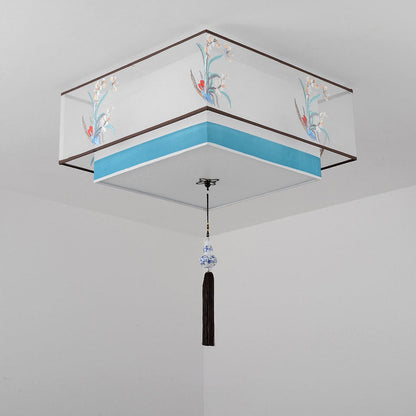 Traditional Chinese Iron Embroidered Fabric Shade 4-Light Flush Mount Ceiling Light For Bedroom
