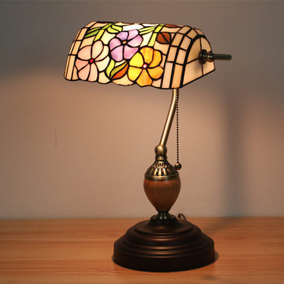 European Tiffany Flower Glass 1-Light Banker Table Lamp