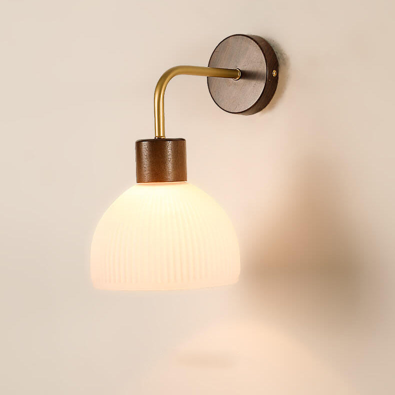 Japanese Walnut Striped Glass Dome 1-Light Wall Sconce Lamp
