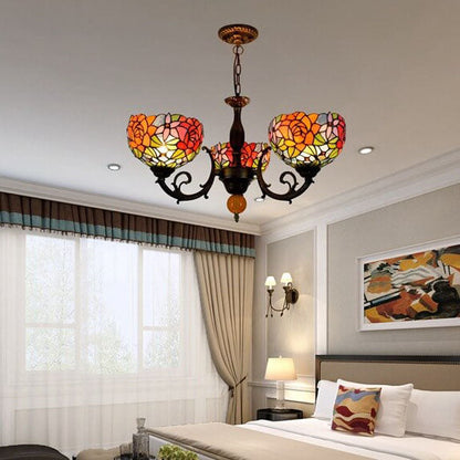 European Tiffany Showy Rose Stained Glass 3-Light Chandelier