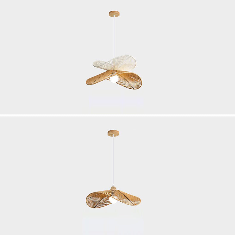 Traditional Vintage Wood Paper Rope Weaving Straw Hat Shape 1-Light Pendant Light For Living Room