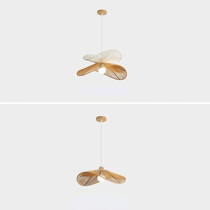 Traditional Vintage Wood Paper Rope Weaving Straw Hat Shape 1-Light Pendant Light For Living Room