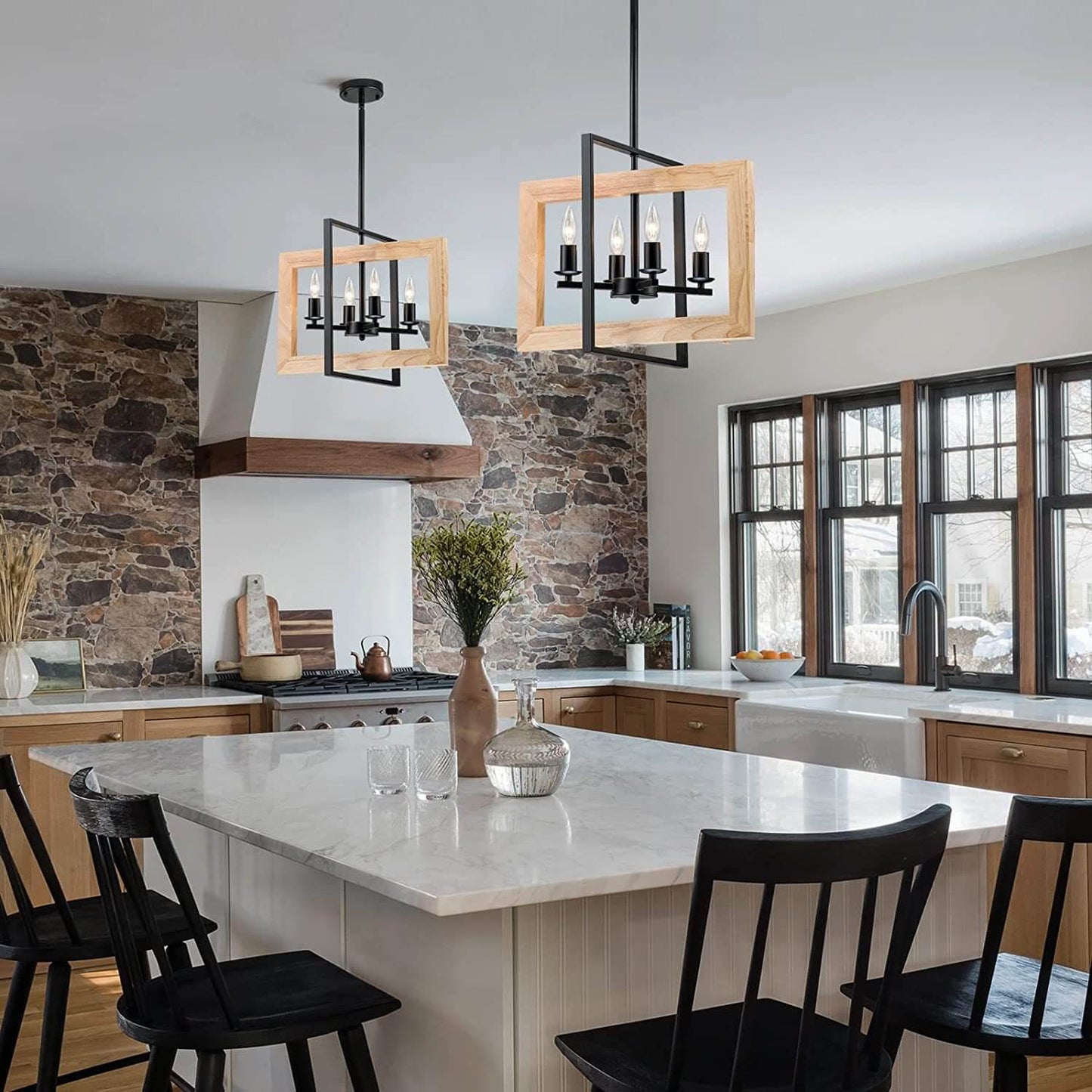Contemporary Vintage Rectangular Wood Iron 4/6 Light Island Light Chandelier For Dining Room