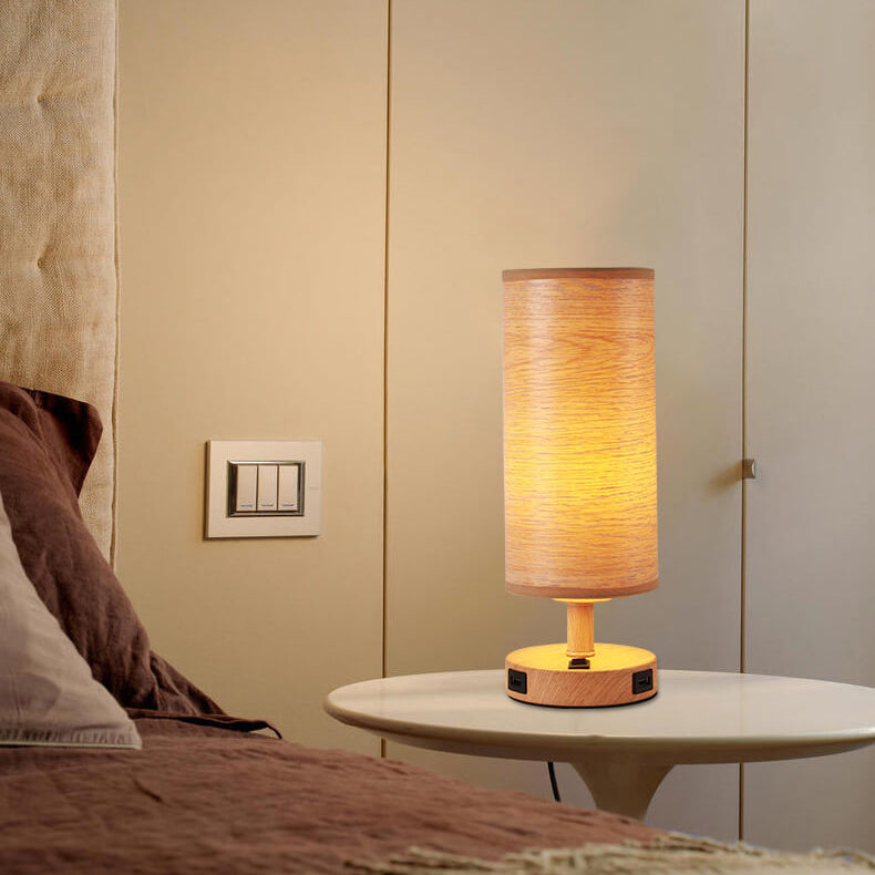 Modern Wood Grain Fabric Shade 1-Light Table Lamp
