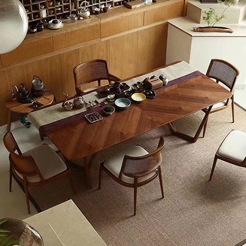 Traditional Chinese Square Wood Weaving Microfiber Leather Dining Chair Four Legs Backrest Armrest For Dining Room