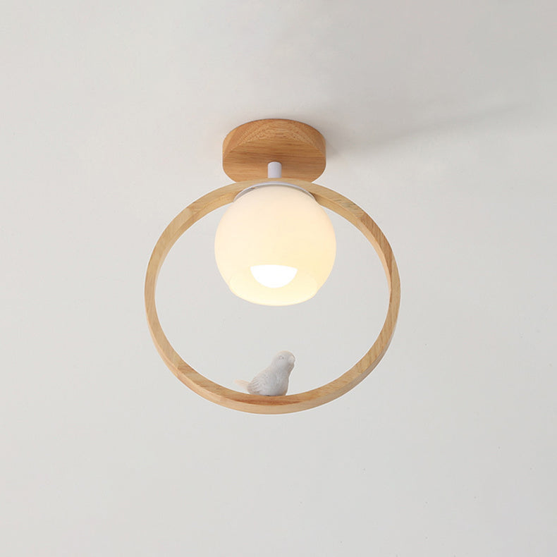 Traditional Japanese Wood Circle Ring Glass Ball Shade Bird 1-Light Semi-Flush Mount Ceiling Light For Living Room