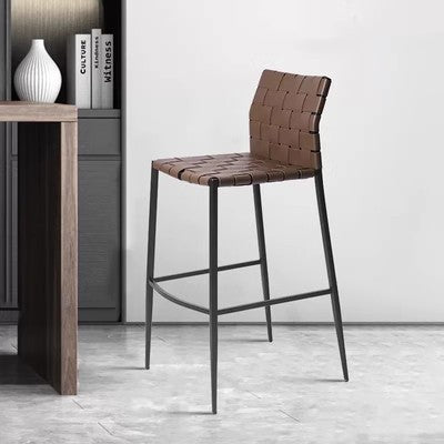 Contemporary Luxury Square Faux Saddle Leather Metal Bar Stool Backrest Footrest For Dining Room