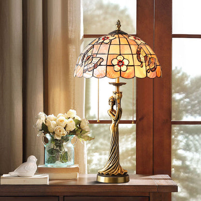 Tiffany Copper Goddess Statue Base Shell Decoration 2-Light Table Lamp