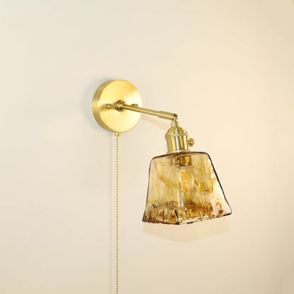 Traditional Vintage Brass Amber Square Glass Shade 1-Light Wall Sconce Lamp For Living Room