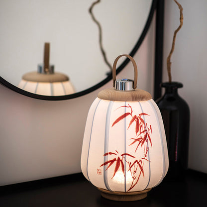 Traditional Chinese Leather Wood Stainless Steel Fabric Flower Bamboo Leaf Rechargeable LED Hanging Table Lamp For Bedside