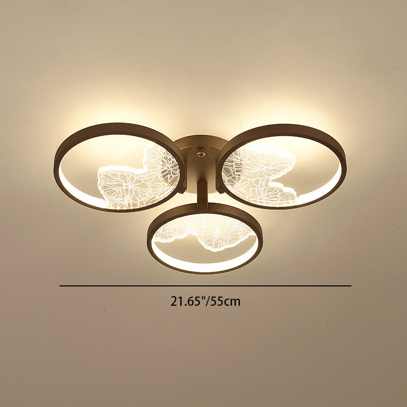 Traditional Chinese Zen Iron Round Frame Acrylic Flower Pattern LED Semi-Flush Mount Ceiling Light For Living Room