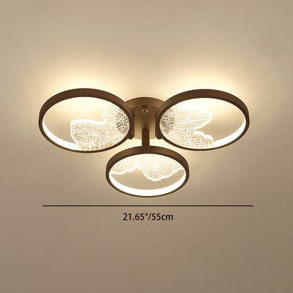 Traditional Chinese Zen Iron Round Frame Acrylic Flower Pattern LED Semi-Flush Mount Ceiling Light For Living Room
