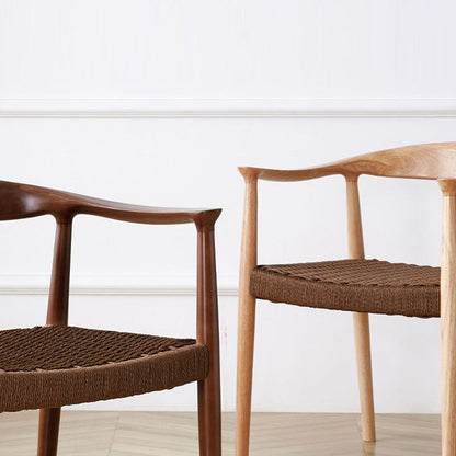 Traditional Vintage Braided Rope Wood Legs Square Dining Chair Backrest Armrest For Dining Room